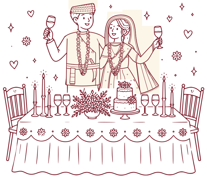 A bride and groom in Nepali wedding dress raising a toast at a candlelit table